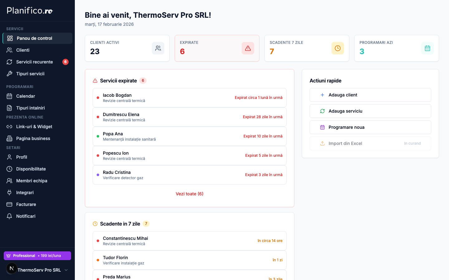 Dashboard Planifico - vedere de ansamblu cu scadente si clienti
