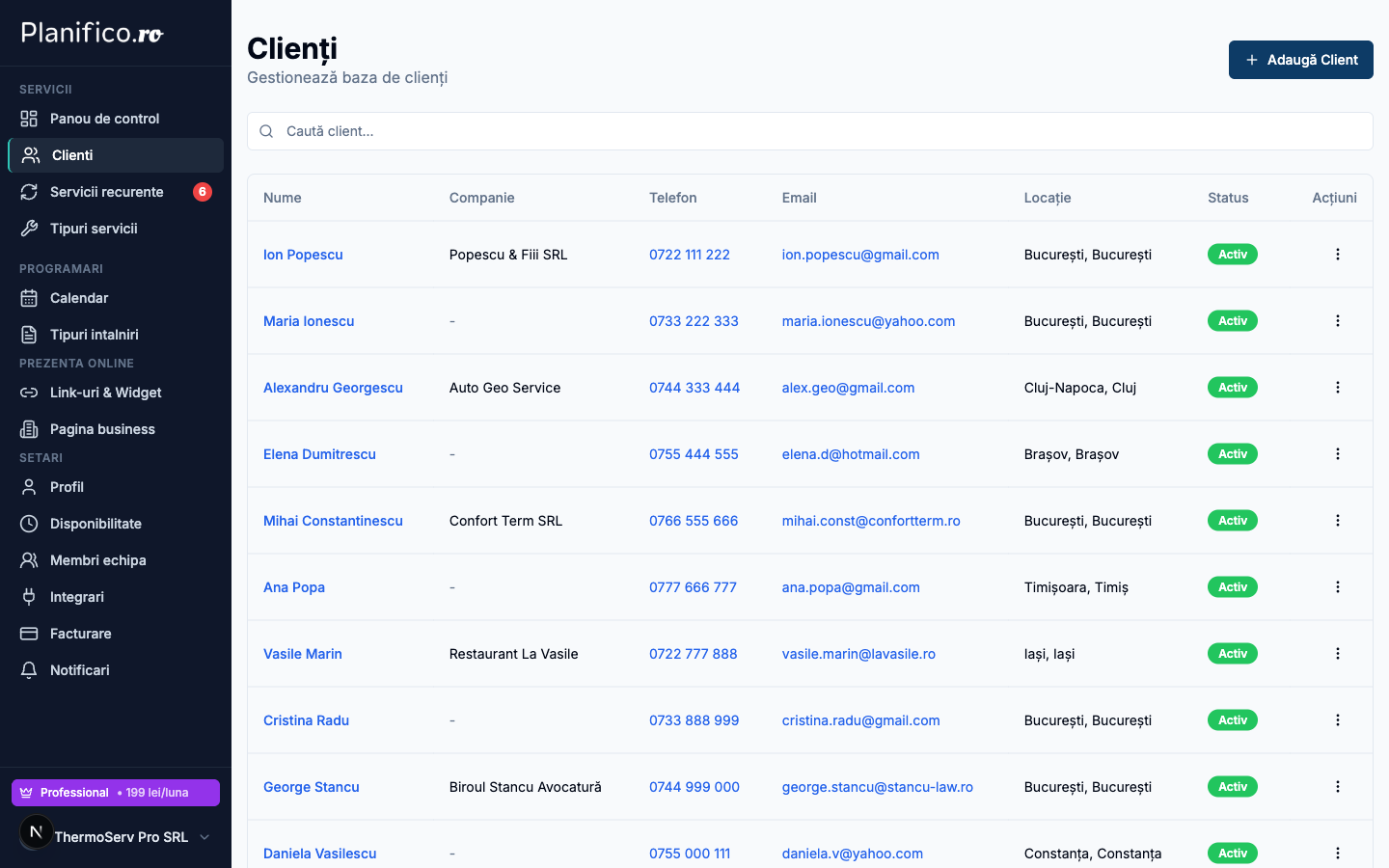 Lista clienti in Planifico - cautare, filtrare si istoric servicii