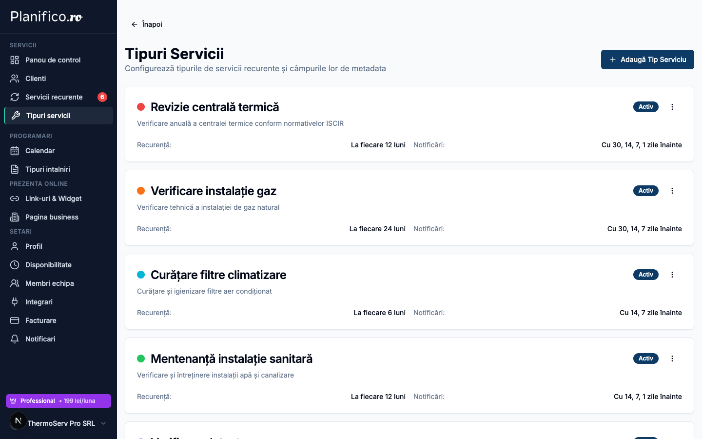 Servicii recurente - tipuri de servicii in Planifico