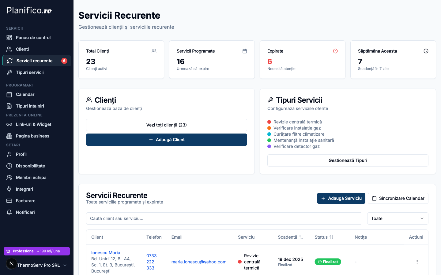 Service Tracker - scadente si servicii recurente in Planifico