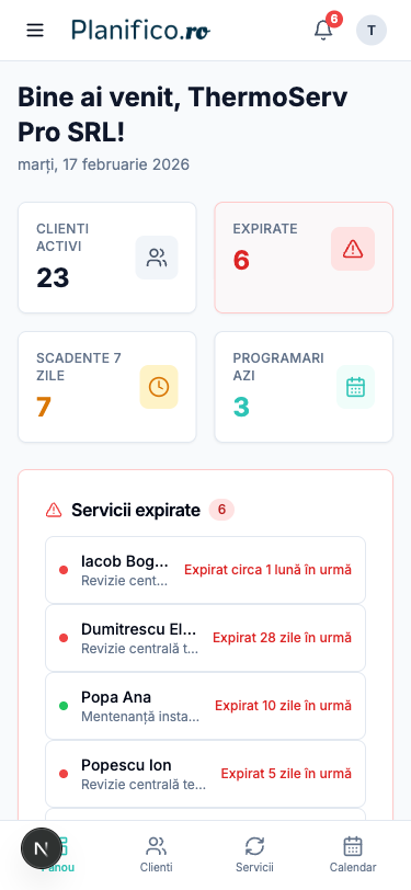 Planifico pe mobil - dashboard optimizat pentru telefon